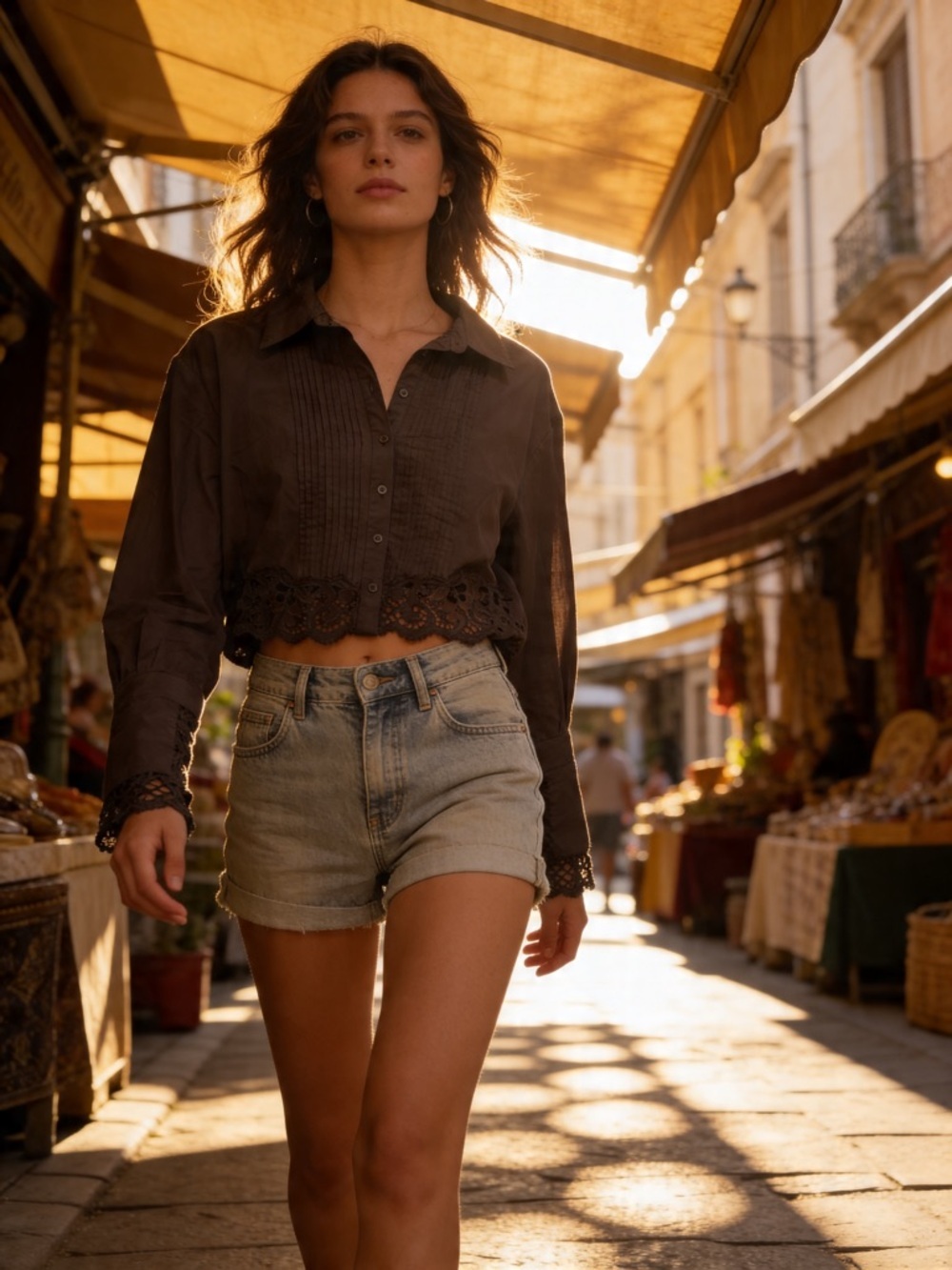 Free People Dark Brown Cropped Button-Down with Lace Trim
